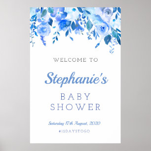 Affiche Panneau de bienvenue pour baby shower floral bleu,