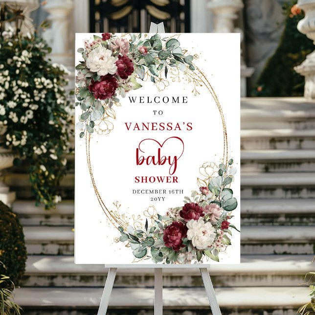 Affiche Panneau de bienvenue pour Baby Shower floral Boho  (Boho Burgundy Floral Baby Shower Welcome)