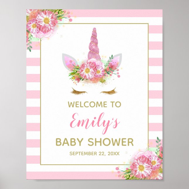 Affiche Panneau de bienvenue pour Baby Shower Licorne (Devant)