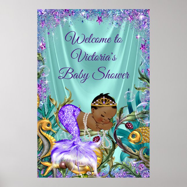 Affiche Panneau de bienvenue pour Baby Shower Sirène Afro- (Devant)