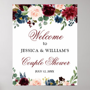 Affiche Panneau de bienvenue pour couple Burgundy Navy Flo