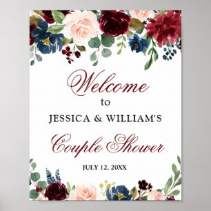 Affiche Panneau de bienvenue pour couple Burgundy Navy Flo