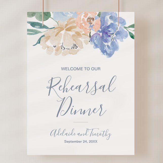 Affiche Panneau de bienvenue pour dîner de répétition de f (Dusty Blue Florals Rehearsal Dinner Welcome Sign)