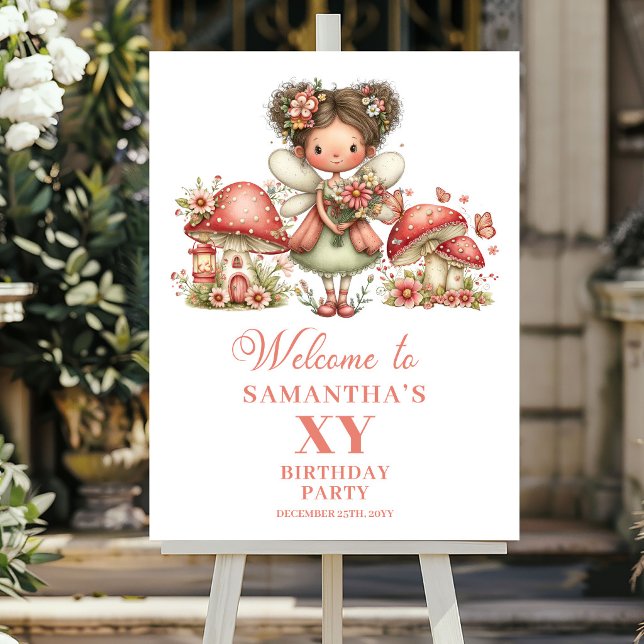Affiche Panneau de Bienvenue pour Fille Fleuriste Fée Capr (Whimsical Fairy Floral Girl Birthday Welcome Sign)