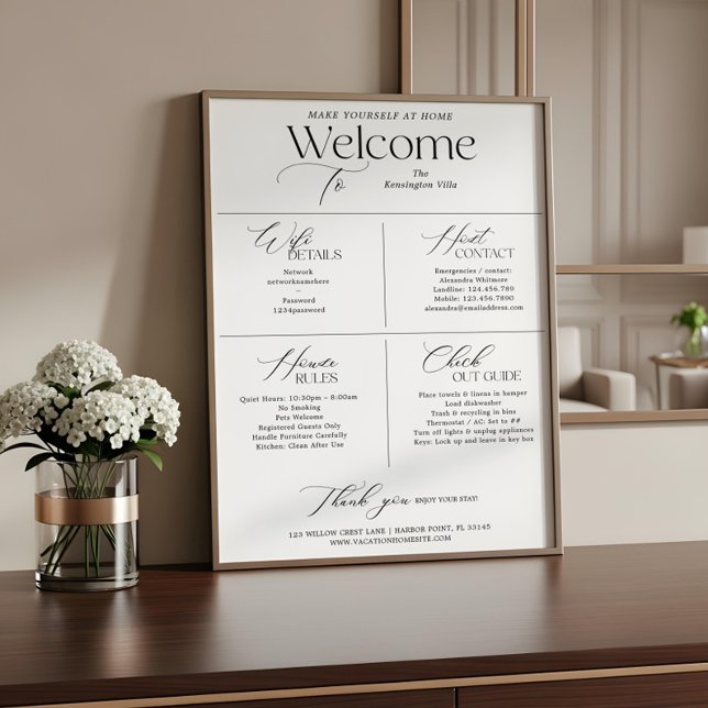 Affiche Panneau de bienvenue pour hôte de location de vaca (Vacation Rental Host Welcome House Rules WiFi Sign)