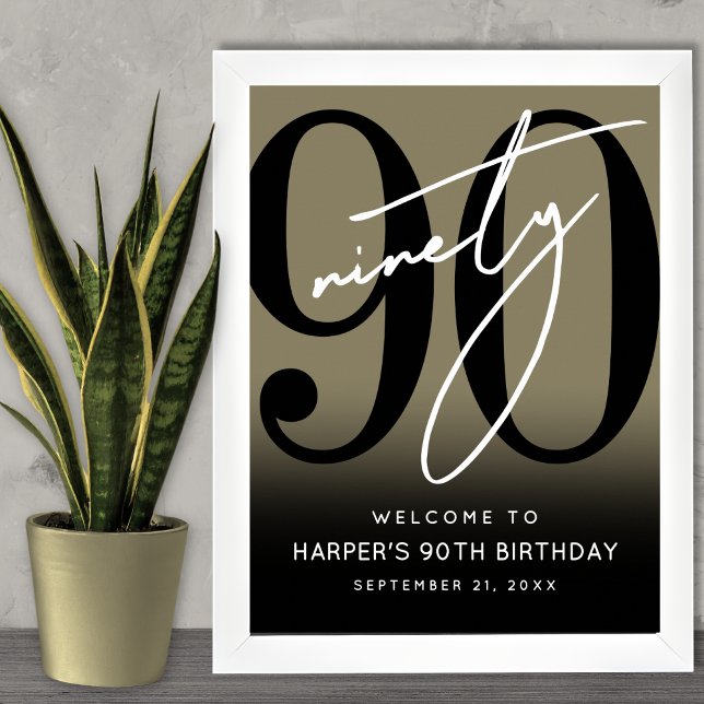 Affiche Panneau de bienvenue pour la fête des 90 ans en or (Gold 90th Birthday Party Welcome Sign)