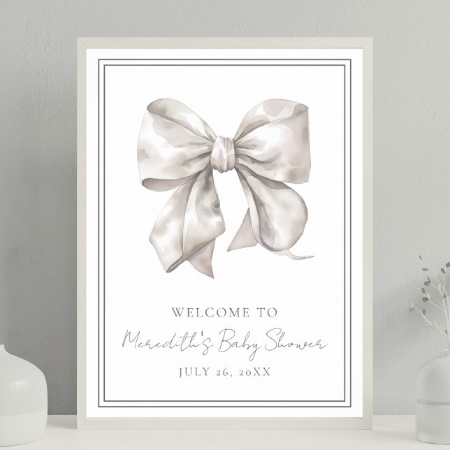 Affiche Panneau de bienvenue pour la fête prénatale White  (White Bow Baby Shower Welcome Sign)