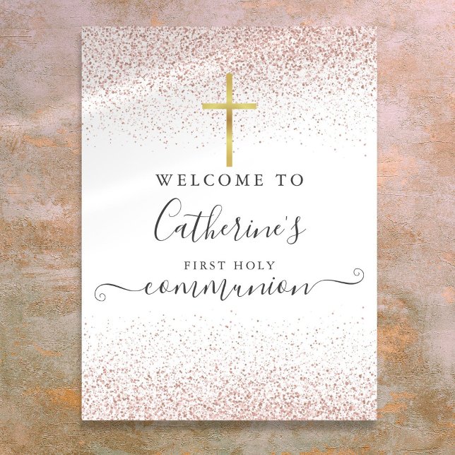 Affiche Panneau de bienvenue pour la première communion en (Rose Gold Glitter Holy Communion Welcome Sign)