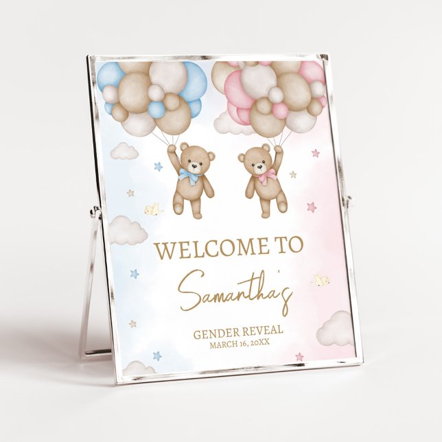 Affiche Panneau de Bienvenue pour la Révélation du Sexe de (Bear Balloon He or She Gender Reveal Welcome Sign)