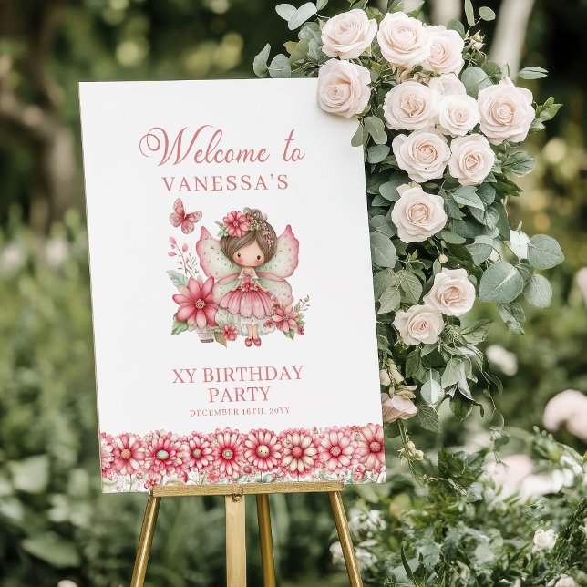 Affiche Panneau de bienvenue pour le 1er anniversaire de l (Pastel Pink Cute Fairy 1st Birthday Welcome Sign)