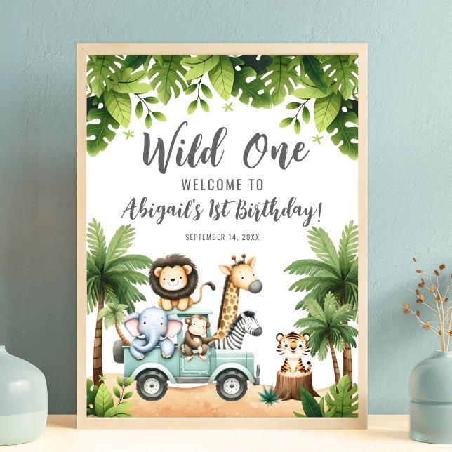 Affiche Panneau de bienvenue pour le 1er anniversaire de W (Wild One Safari Jungle 1st Birthday Welcome Sign)