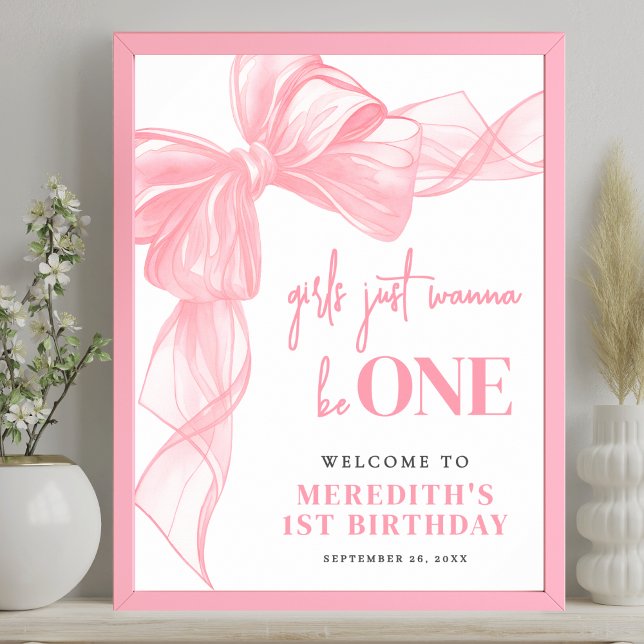 Affiche Panneau de bienvenue pour le 1er anniversaire des  (Pink Bow Girls 1st Birthday Welcome Sign)