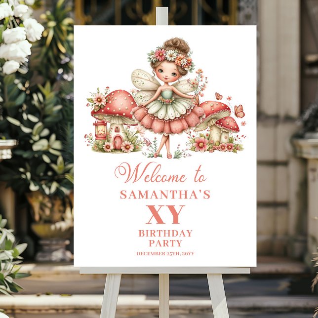 Affiche Panneau de bienvenue pour le 4ème anniversaire de  (Cute Blush Fairy 4th Birthday Welcome Sign)