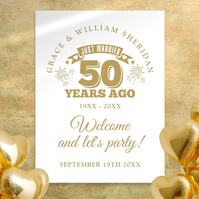 Affiche Panneau de bienvenue pour les 50 ans de mariage (Just Married 50th Wedding Anniversary Welcome Sign)