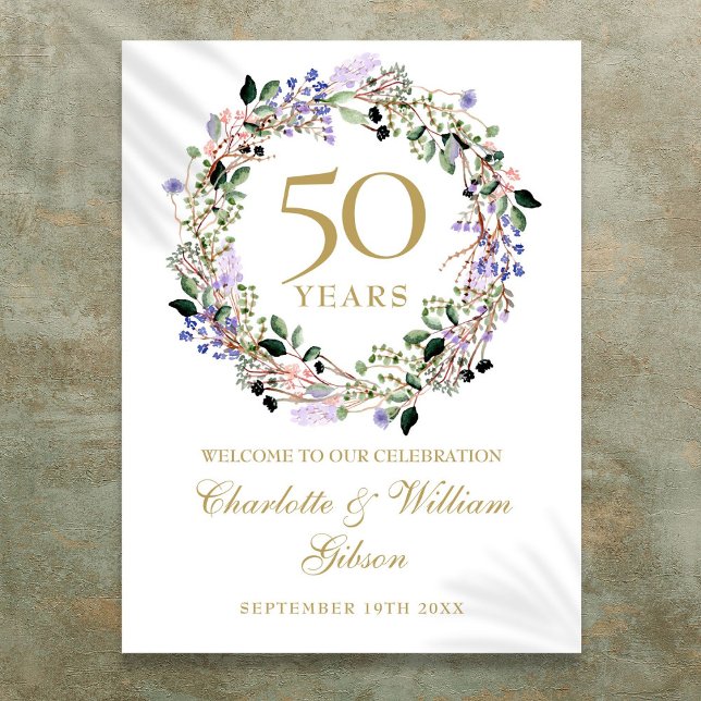 Affiche Panneau de bienvenue pour les 50 ans de mariage Fl (Floral 50th Wedding Anniversary Welcome Sign)