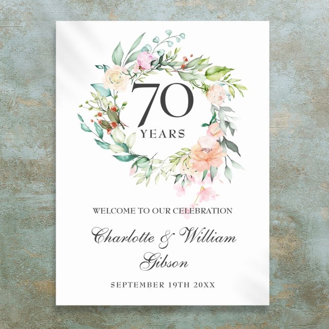Affiche Panneau de bienvenue pour les 70 ans de mariage Ro (Roses Floral 70th Wedding Anniversary Welcome Sign)