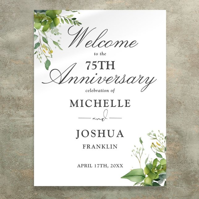 Affiche Panneau de bienvenue pour les 75 ans de mariage av (Greenery 75th Wedding Anniversary Welcome Sign)