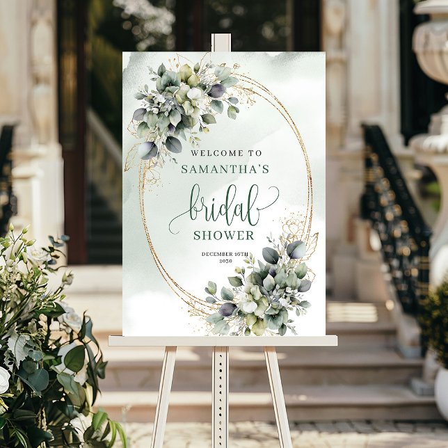 Affiche Panneau de bienvenue pour mariage botanique vert e (Greenery Botanical Gold Bridal Shower Welcome Sign)