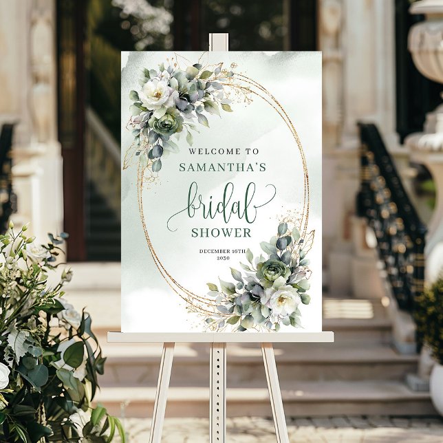 Affiche Panneau de bienvenue pour mariage botanique vert o (Botanical Green Gold Bridal Shower Welcome Sign)