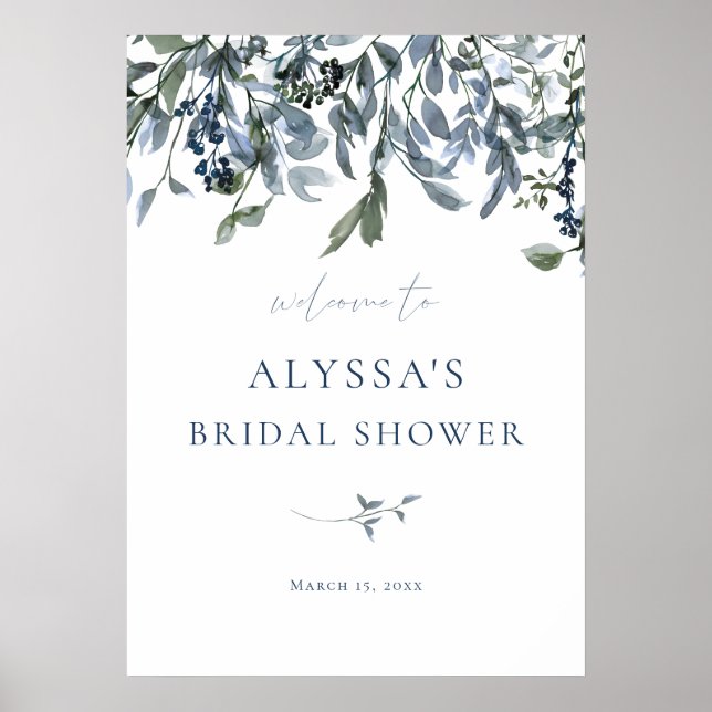 Affiche Panneau de bienvenue pour mariage floral bleu (Devant)