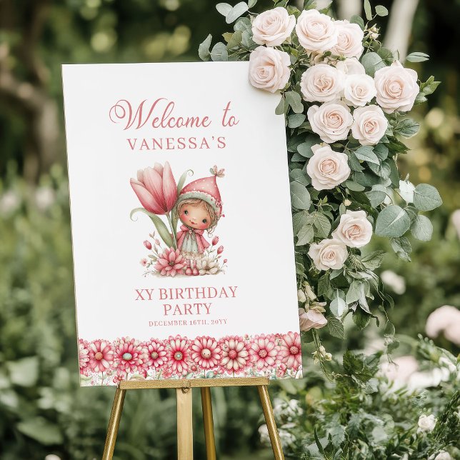 Affiche Panneau de bienvenue pour un 1er anniversaire avec (Cute Fairy Pastel Floral 1st Birthday Welcome Sign)