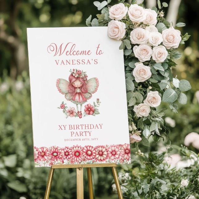 Affiche Panneau de Bienvenue pour un 3ème Anniversaire Fée (Blush Cute Fairy Floral 3rd Birthday Welcome Sign)