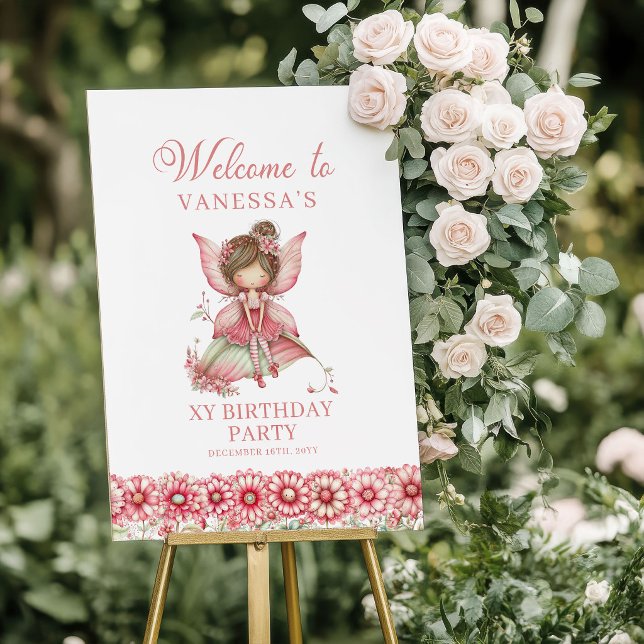 Affiche Panneau de bienvenue pour un 5ème anniversaire, fé (Whimsy Floral Fairy Pink 5th Birthday Welcome Poster)
