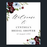 Affiche panneau de bienvenue pour une baby shower bordeaux<br><div class="desc">belles fleurs aquarelles bordeaux et bleu poussiéreux. Le texte et les couleurs de ce panneau peuvent être modifiés.</div>
