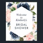Affiche panneau de bienvenue pour une baby shower navy et<br><div class="desc">Un design moderne de cadre floral avec de belles fleurs aquarelles bleues marine et blush. Le texte et les couleurs sur ce panneau peuvent être modifiés.</div>