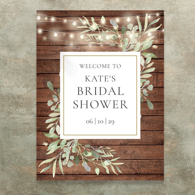 Affiche Panneau de bienvenue pour une baby shower rustique (Rustic Lights Greenery Bridal Shower Welcome Sign)