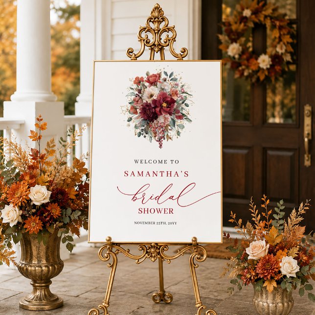 Affiche Panneau de bienvenue pour une douche de mariée ave (Seasonal maroon floral bridal shower welcome sign print

)
