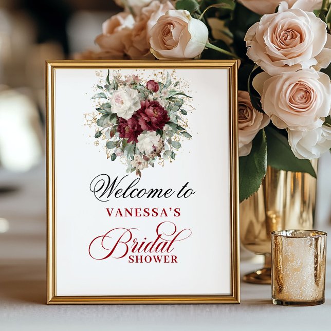 Affiche Panneau de bienvenue pour une douche de mariée en  (Designer Blush Burgundy Bridal Shower Welcome Sign)
