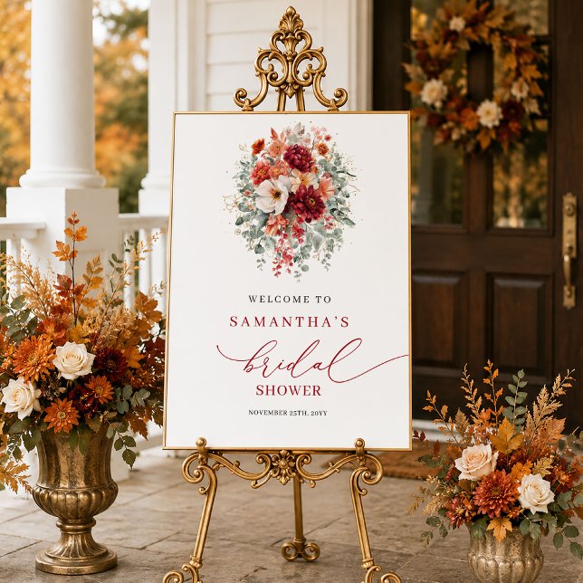Affiche Panneau de bienvenue pour une douche de mariée flo (Deep red autumn floral bridal shower welcome sign art)
