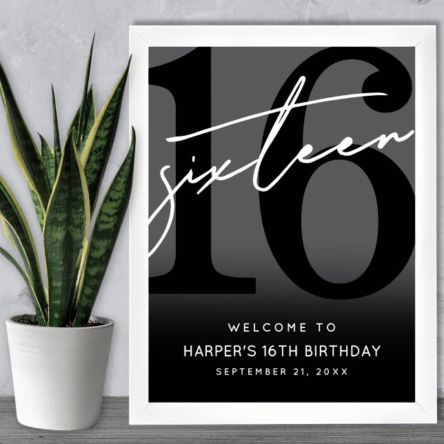 Affiche Panneau de bienvenue pour une fête d'anniversaire  (Black 16th Birthday Party Welcome Sign )
