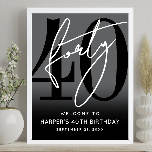 Affiche Panneau de bienvenue pour une fête d'anniversaire  (Modern Black 40th Birthday Party Welcome Sign)