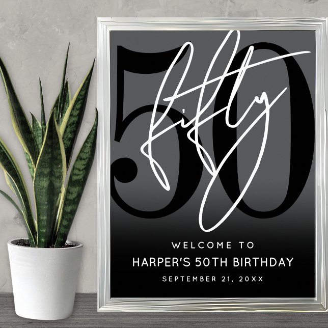 Affiche Panneau de bienvenue pour une fête d'anniversaire  (Modern Black 50th Birthday Party Welcome Sign)