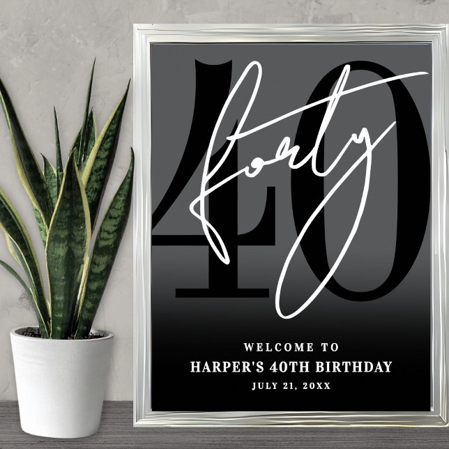 Affiche Panneau de bienvenue pour une fête d'anniversaire  (Black 40th Birthday Party Welcome Sign)