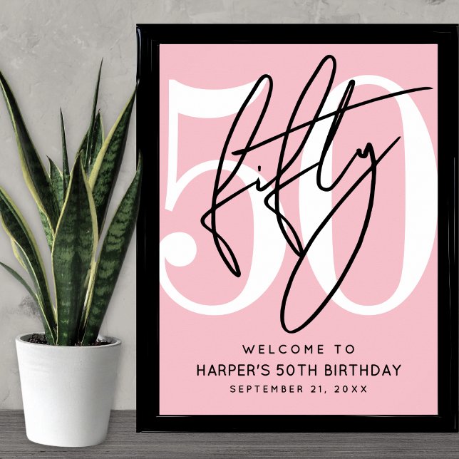 Affiche Panneau de bienvenue pour une fête d'anniversaire  (Pink 50th Birthday Party Welcome Sign)