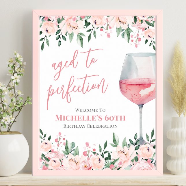 Affiche Panneau de bienvenue pour une fête d'anniversaire  (Wine Floral Birthday Party Welcome Sign )