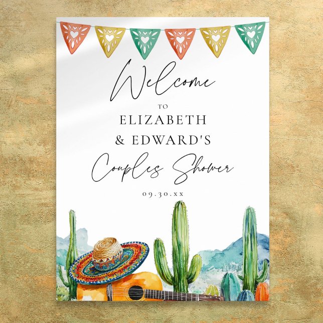 Affiche Panneau de bienvenue pour une fête de couples avec (Watercolor Fiesta Couples Shower Welcome Sign)