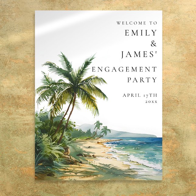 Affiche Panneau de bienvenue pour une fête de fiançailles  (Tropical Palm Beach Engagement Party Welcome Sign)