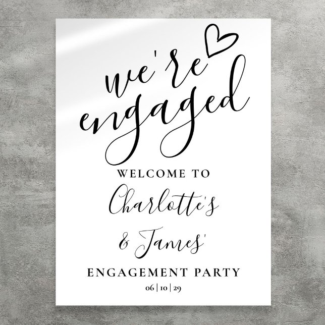Affiche Panneau de bienvenue pour une fête de fiançailles  (Black And White Engagement Party Welcome Sign)