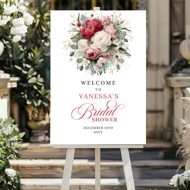 Affiche Panneau de bienvenue pour une fête de mariage avec (Burgundy Blush Gold Bridal Shower Welcome Sign)
