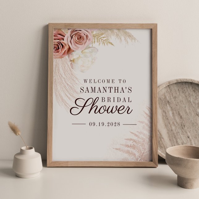 Affiche Panneau de bienvenue pour une fête de mariage en t (Pampas Grass Script Bridal Shower Sign Poster)