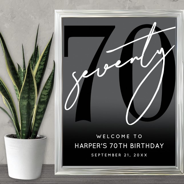 Affiche Panneau de bienvenue pour une fête moderne de 70 a (Modern Black 70th Birthday Party Welcome Sign)