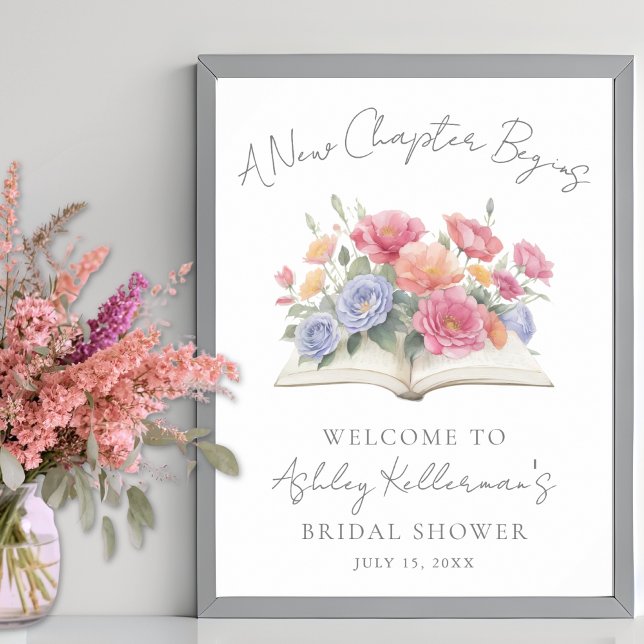 Affiche Panneau de bienvenue pour une fête prénuptiale ave (Book Watercolor Floral Bridal Shower Welcome Sign)