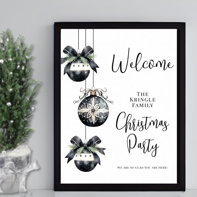 Affiche Panneau de bienvenue pour une soirée de Noël noir  (Winter Black White Christmas Party Welcome Sign)
