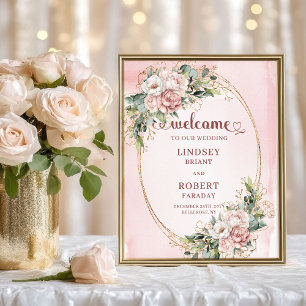 Affiche Panneau de bienvenue poussiéreux rose chic avec fl