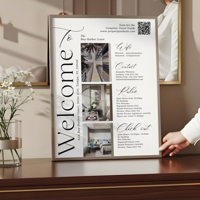 Affiche Panneau de bienvenue QR avec photo d'hôte de locat (Elegant Vacation Rental Host Photo QR Welcome Sign)
