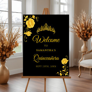Affiche Panneau de bienvenue Quinceañera Floral Doré Budge